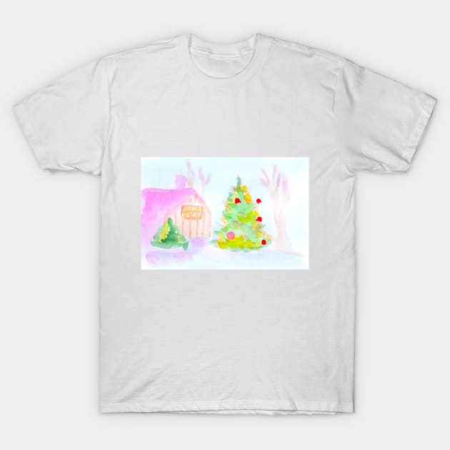 christmas landscape, christmas, winter, new year, holiday, festive, landscape, architecture, watercolor, design, art, painting, color T-Shirt by grafinya